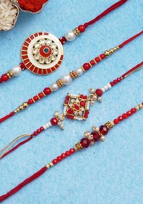Set Of 4 Red And Golden Beads And Pearls Designer Rakhis With Roli Chawal Pack