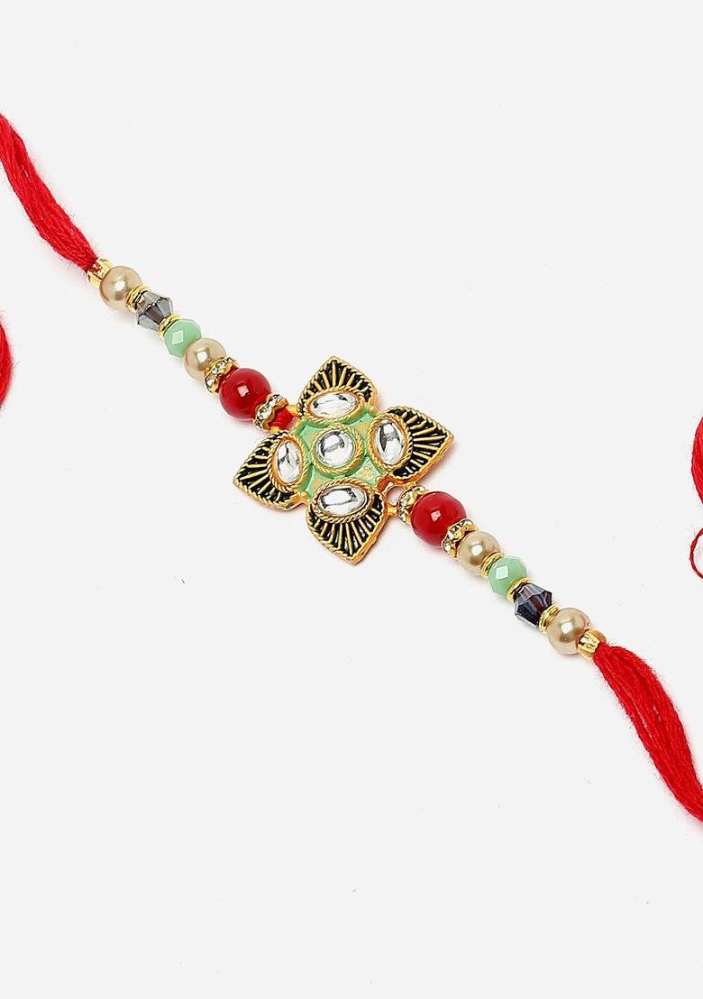 Kundan Studded Beads Stringed Rakhi Gift Set