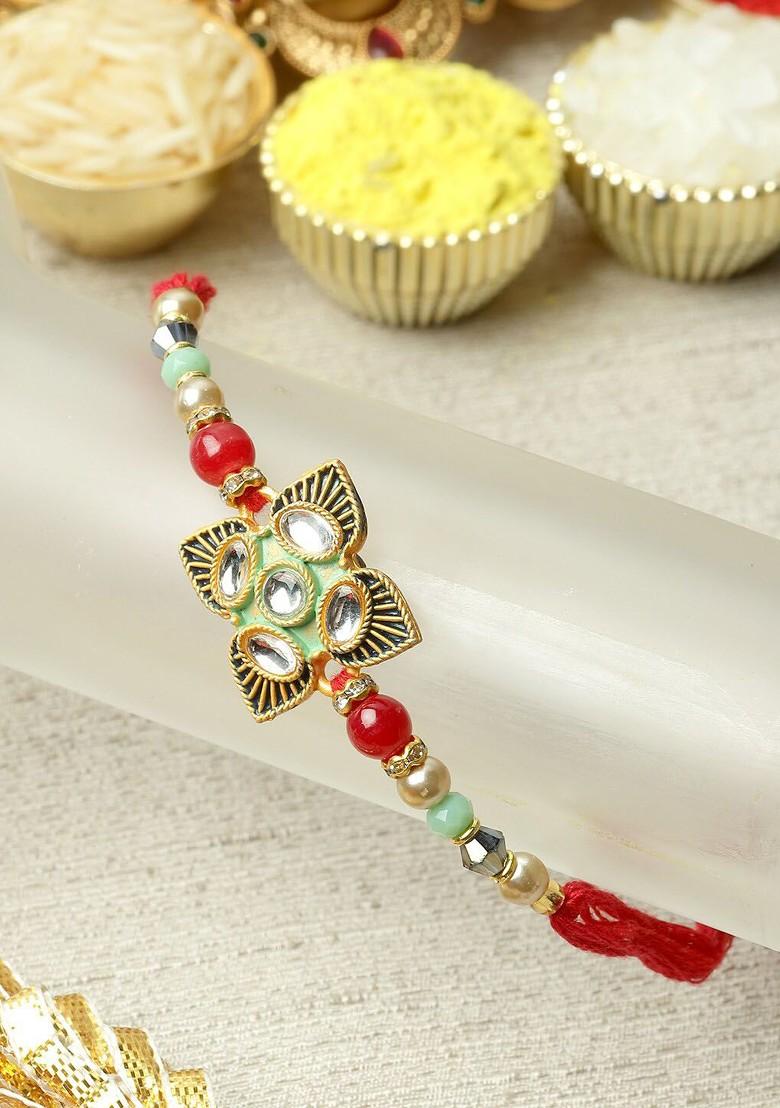 Kundan Studded Beads Stringed Rakhi Gift Set