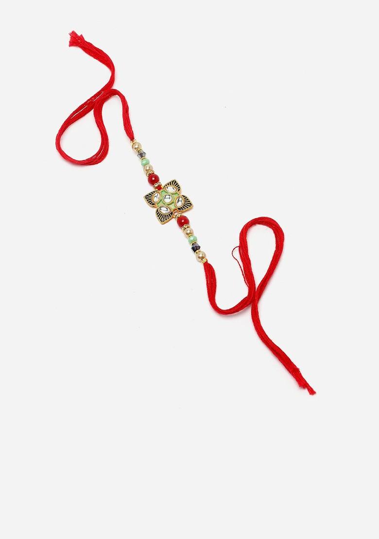 Kundan Studded Beads Stringed Rakhi Gift Set