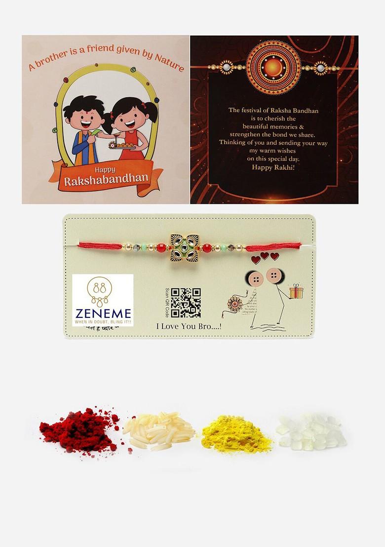 Kundan Studded Beads Stringed Rakhi Gift Set