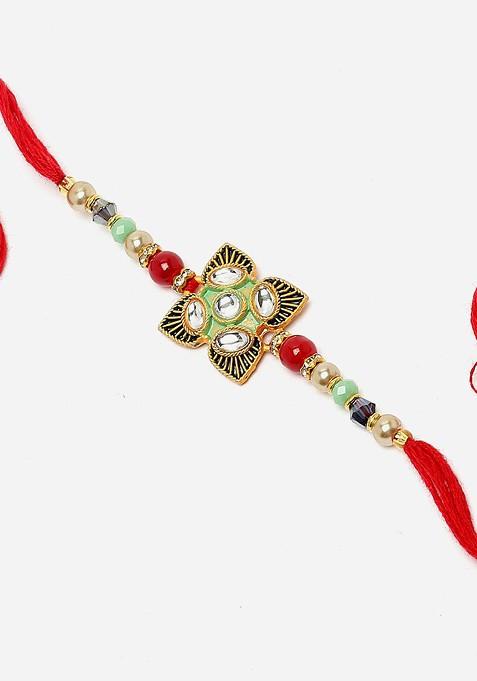 Kundan Studded Beads Stringed Rakhi Gift Set