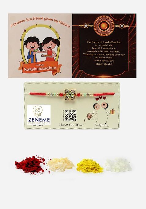 Kundan Studded Beads Stringed Rakhi Gift Set