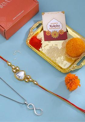 Boys Kundan Rakhi Gift Set With Infinity Pendant