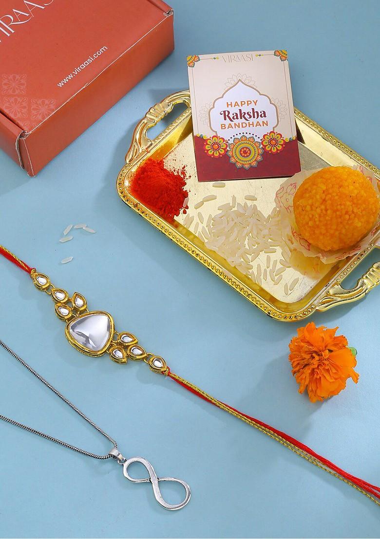 Boys Kundan Rakhi Gift Set With Infinity Pendant - Indya