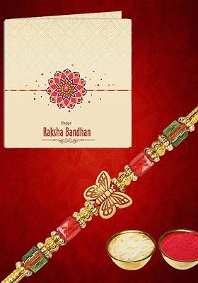 Butterfly Charm Beaded Rakhi Greeting Card And Roli Chawal Card Brother Gift Set