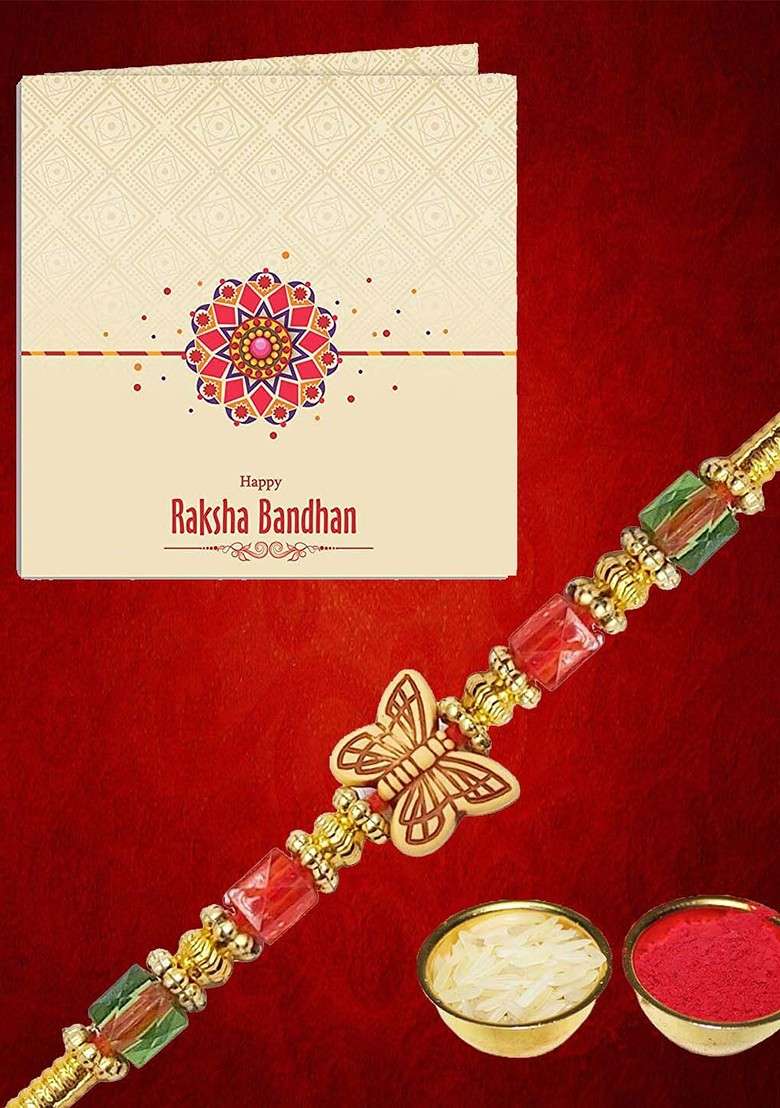 Butterfly Charm Beaded Rakhi Greeting Card And Roli Chawal Card Brother Gift Set - Indya