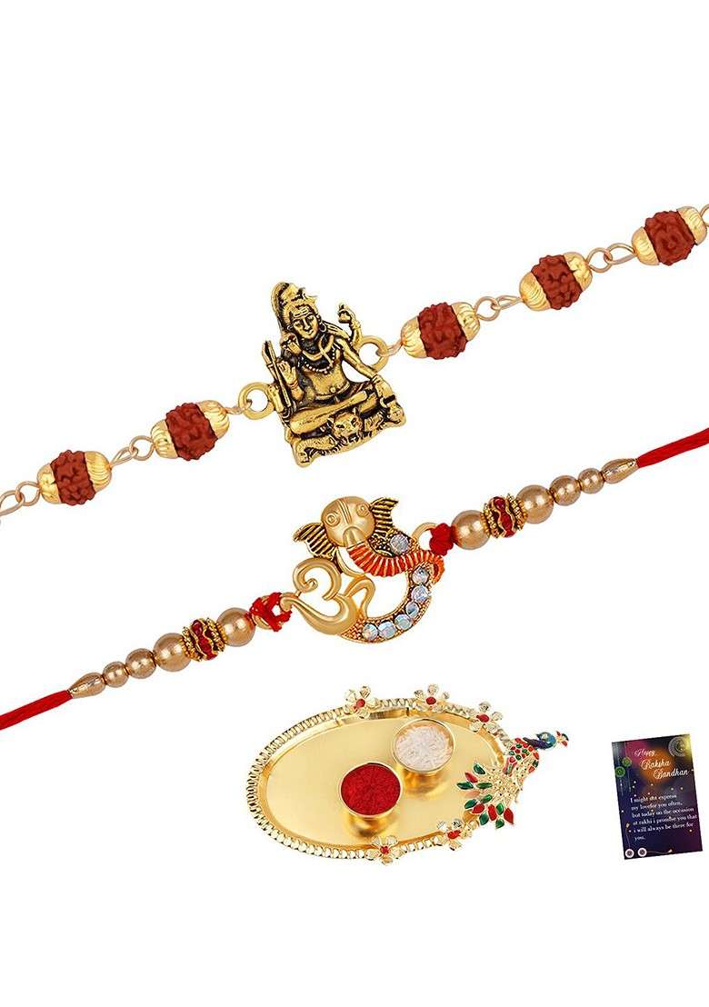 Set Of 2 Rakhi For Bhaiya And Roli Chawal Card Pooja Thali Gift Set Box - Indya