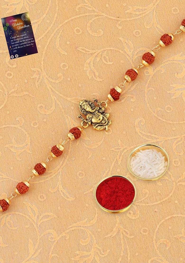 Set Of 2 Ganesha Rakhi For Bhaiya And Roli Chawal Card Pooja Thali Gift Set Box - Indya