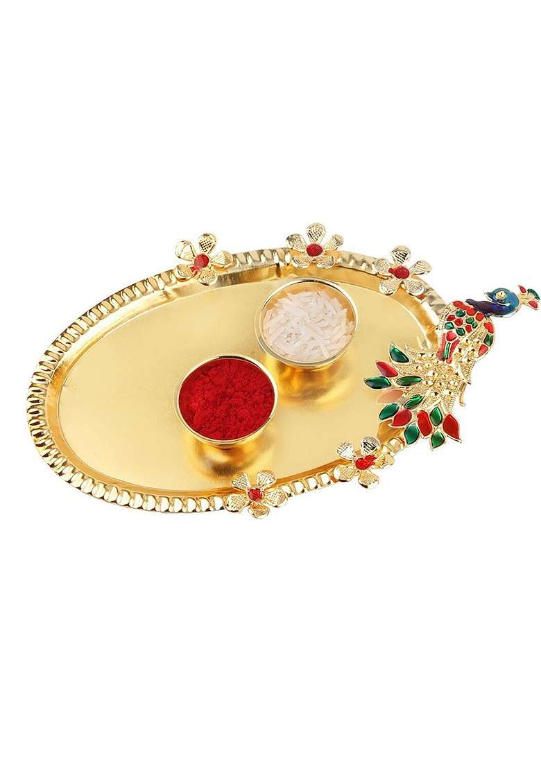 Set Of 2 Ganesha Rakhi For Bhaiya And Roli Chawal Card Pooja Thali Gift Set Box - Indya