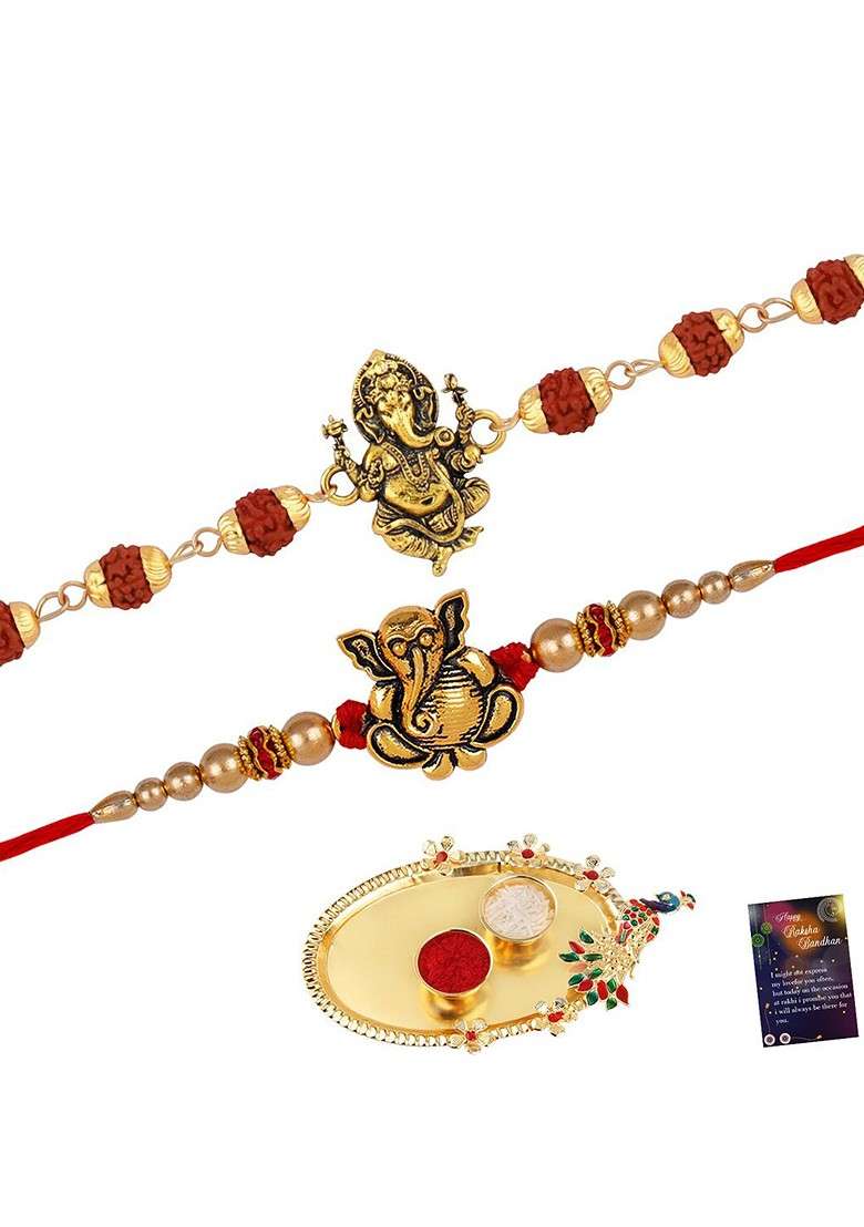 Set Of 2 Rakhi For Bhaiya And Roli Chawal Card Pooja Thali Gift Set Box - Indya