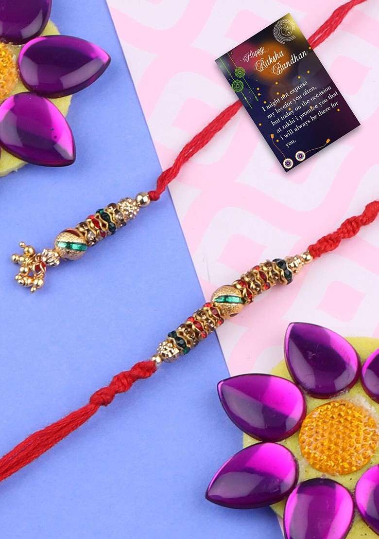 Set Of 3 Rakhi For Bhaiya Bhabhi And Roli Chawal Card Pooja Thali Gift Set - Indya