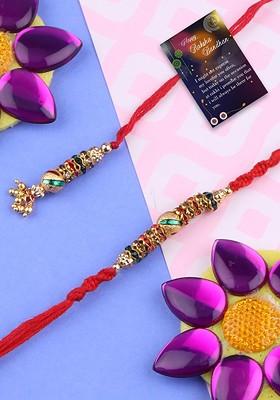 Set Of 3 Rakhi For Bhaiya Bhabhi And Roli Chawal Card Pooja Thali Gift Set