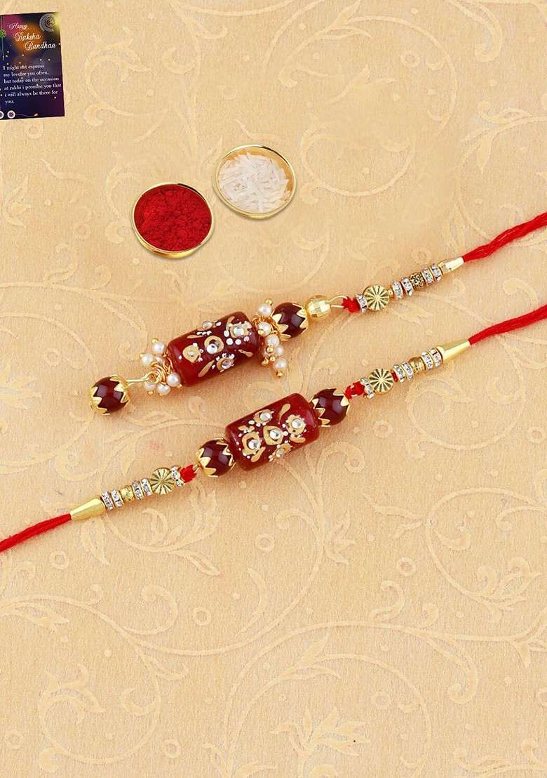 Pack Of 2 Rakhi For Bhabhi Bhaiya With Roli Chawal Card Pooja Thali Gift Set - Indya