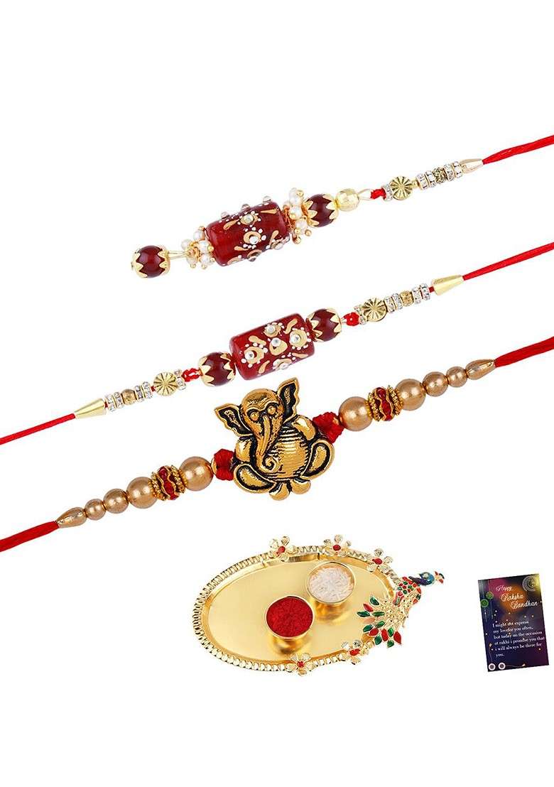 Pack Of 2 Rakhi For Bhabhi Bhaiya With Roli Chawal Card Pooja Thali Gift Set - Indya