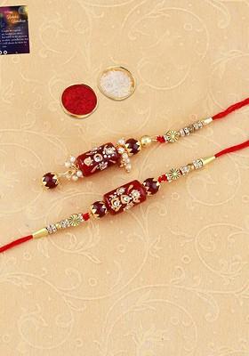 Set Of 3 Rakhi For Bhaiya Bhabhi And Roli Chawal Card Pooja Thali Gift Set