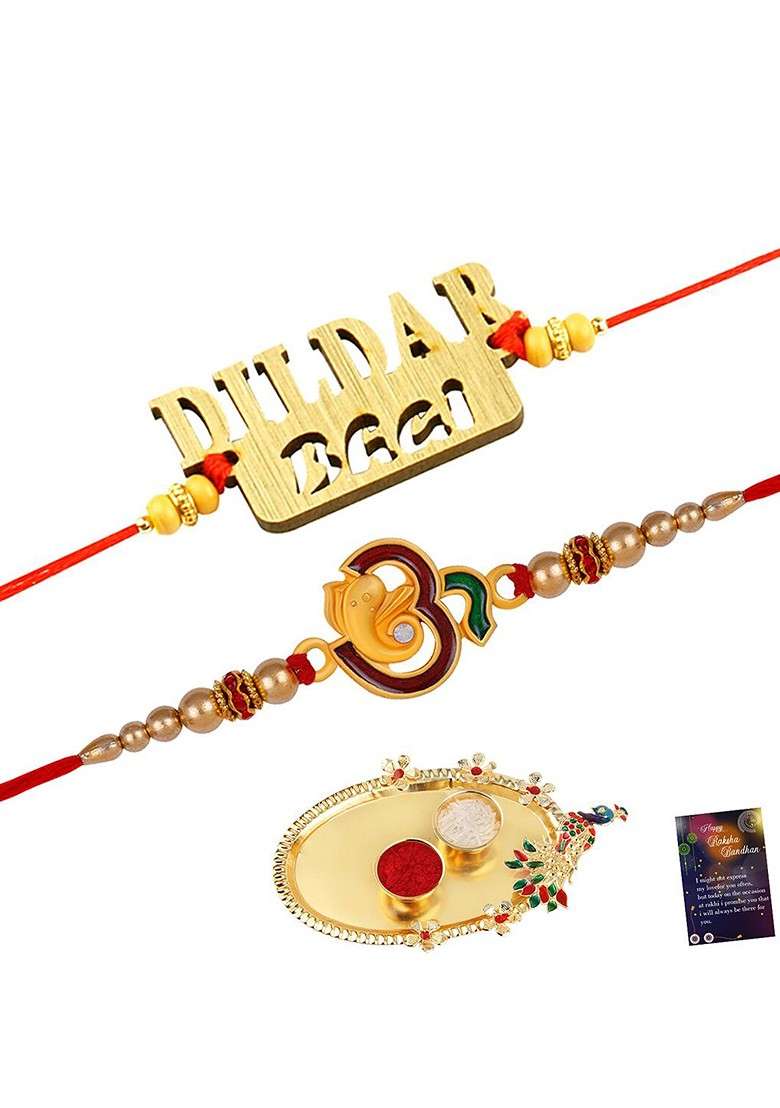 Set Of 2 Rakhi For Bhaiya And Roli Chawal Card Pooja Thali Gift Set - Indya
