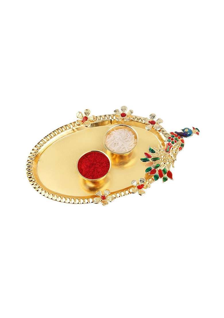 Set Of 2 Rakhi For Bhabhi Bhaiya Roli Chawal And Greeting Card Pooja Thali - Indya