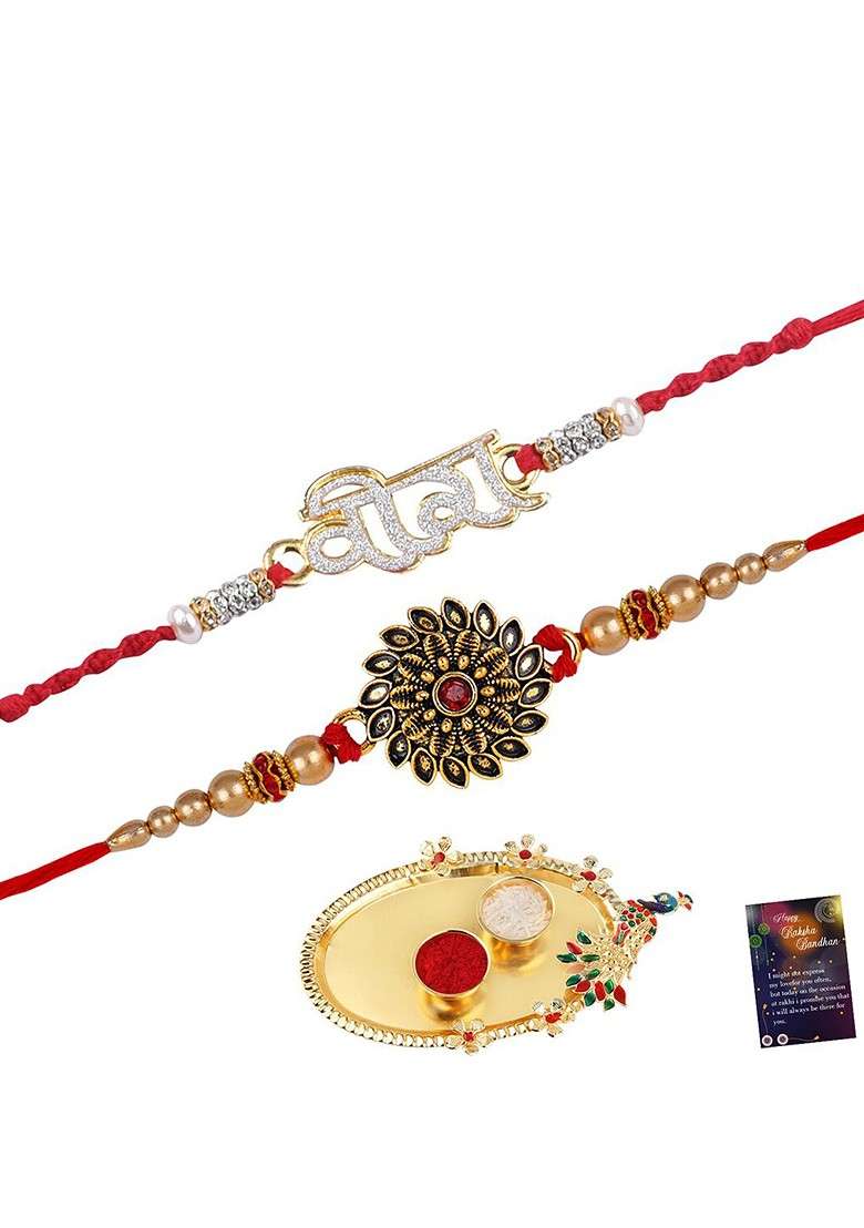 Set Of 2 Rakhi For Bhabhi Bhaiya Roli Chawal And Greeting Card Pooja Thali - Indya