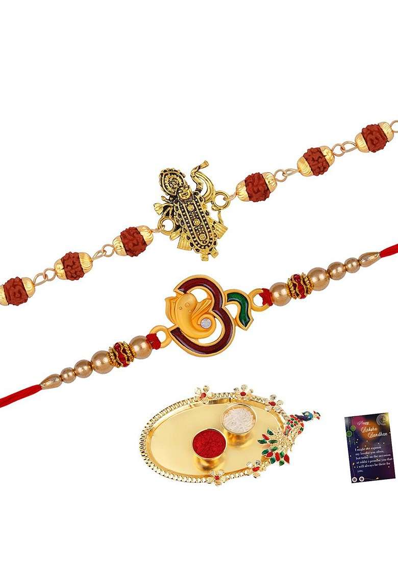 Set Of 2 Rakhi For Bhaiya And Roli Chawal Card Pooja Thali Gift Set - Indya