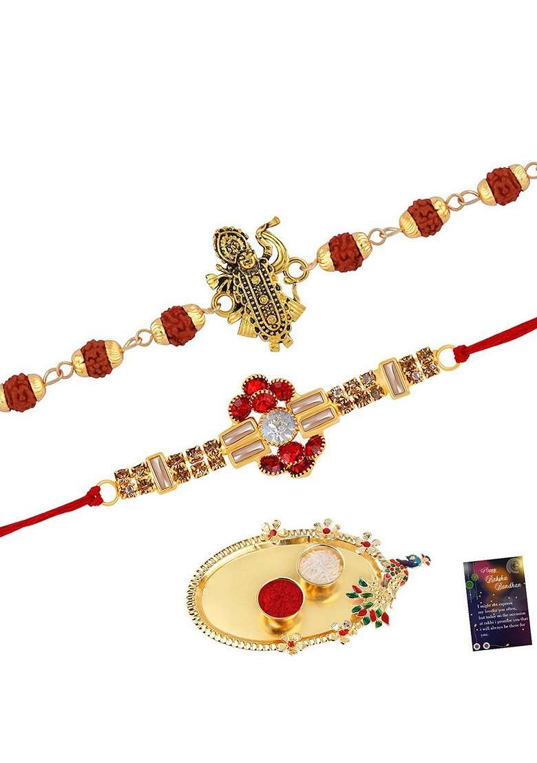 Set Of 2 Bhabhi Bhaiya Rakhi And Roli Chawal With Card Pooja Thali - Indya