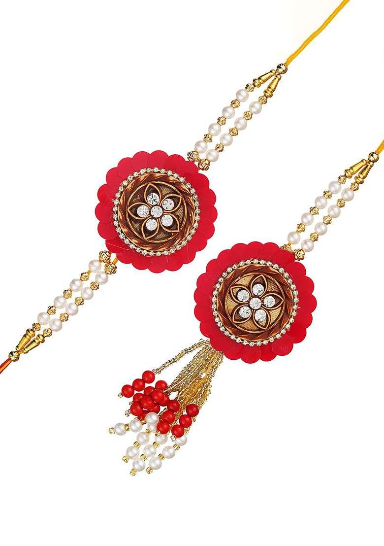Set Of 2 Pearls Beaded Designer Bhaiya Bhabhi Rakhi Set With Roli Chawal Pack - Indya