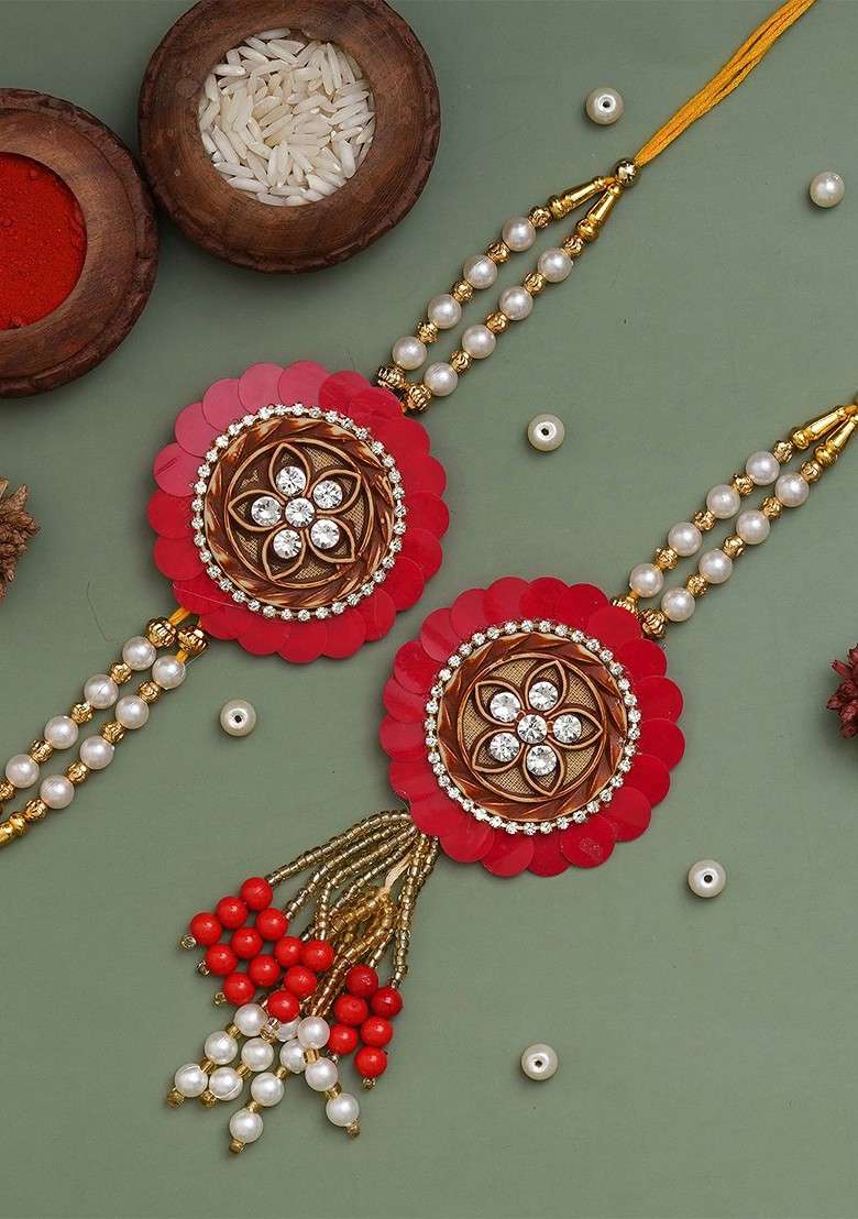 Set Of 2 Pearls Beaded Designer Bhaiya Bhabhi Rakhi Set With Roli Chawal Pack - Indya
