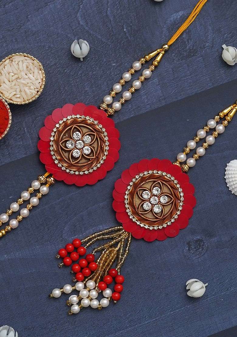 Set Of 2 Pearls Beaded Designer Bhaiya Bhabhi Rakhi Set With Roli Chawal Pack - Indya