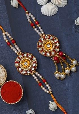 Set Of 2 Designer Bhaiya Bhabhi Rakhi Gift Set With Roli Chawal