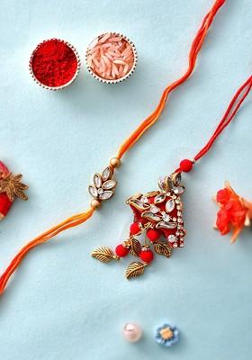 Unisex Kundan And Stone Studded Bhaiya Bhabhi Rakhi Gift Set