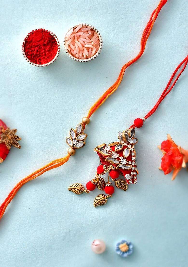 Unisex Kundan And Stone Studded Bhaiya Bhabhi Rakhi Gift Set - Indya