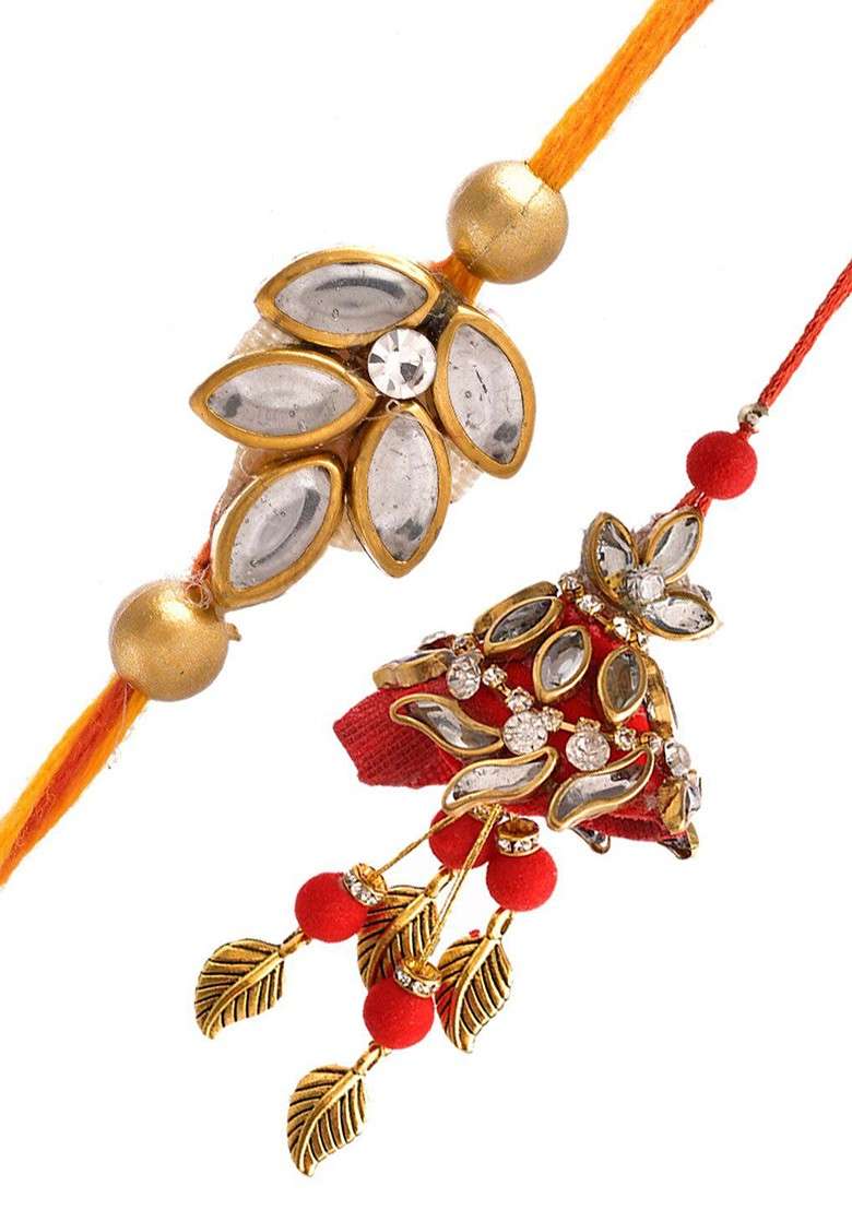 Unisex Kundan And Stone Studded Bhaiya Bhabhi Rakhi Gift Set - Indya
