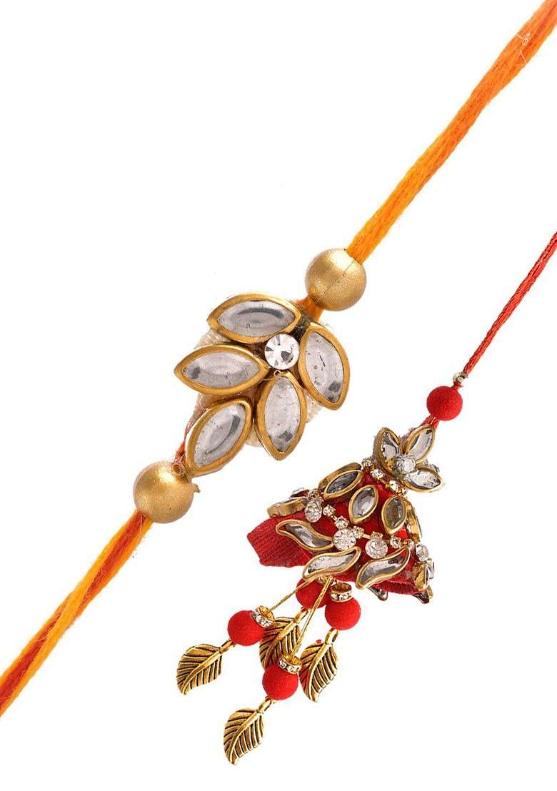 Unisex Kundan And Stone Studded Bhaiya Bhabhi Rakhi Gift Set - Indya