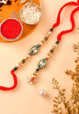 Unisex Set Of 2 Kundan And Emerald Woven Beaded Bhaiya Bhabhi Rakhi Gift Set