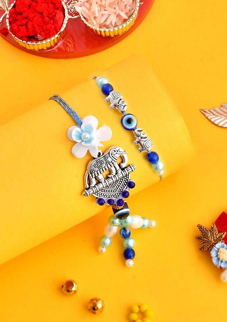 Unisex Set Of 4 Elephant Nazar Rakshak Bhaiya Bhabhi Rakhi Set - Indya