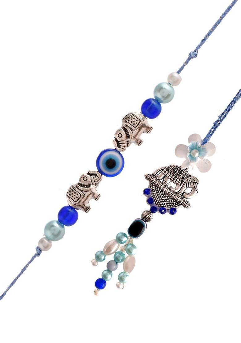 Unisex Set Of 4 Elephant Nazar Rakshak Bhaiya Bhabhi Rakhi Set - Indya