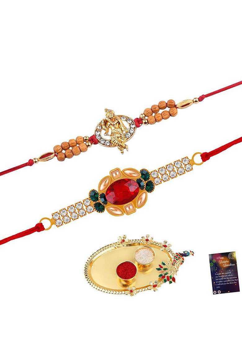 Set Of 2 Rakhi For Bhabhi Bhaiya Roli Chawal And Greeting Card Pooja Thali - Indya