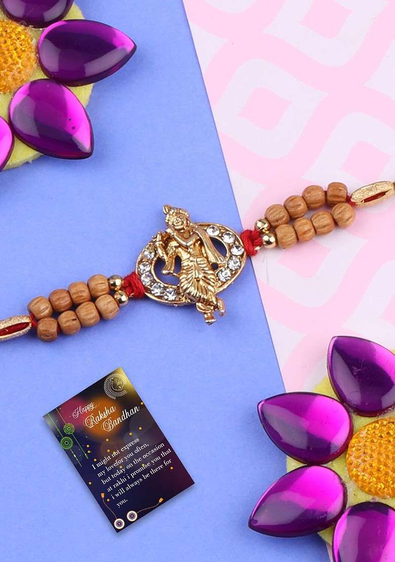 Set Of 2 Rakhi For Bhabhi Bhaiya Roli Chawal And Greeting Card Pooja Thali - Indya