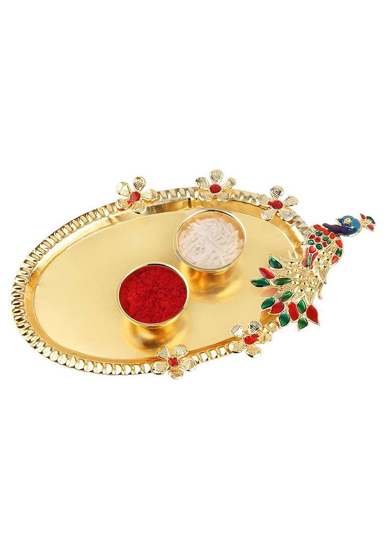 Set Of 2 Bhabhi Bhaiya Rakhi With Roli Chawal Greeting Card And Pooja Thali - Indya
