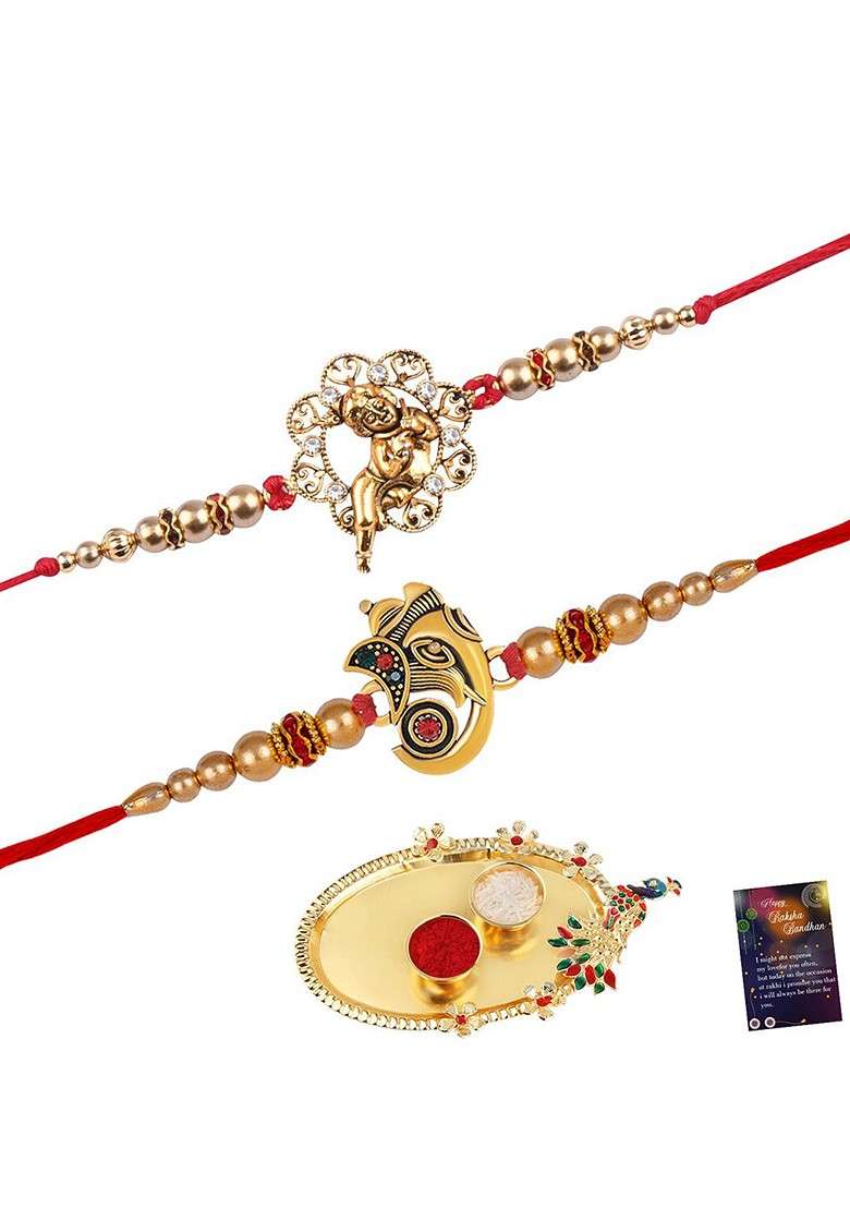 Set Of 2 Rakhi For Bhabhi Bhaiya Roli Chawal And Greeting Card Pooja Thali - Indya