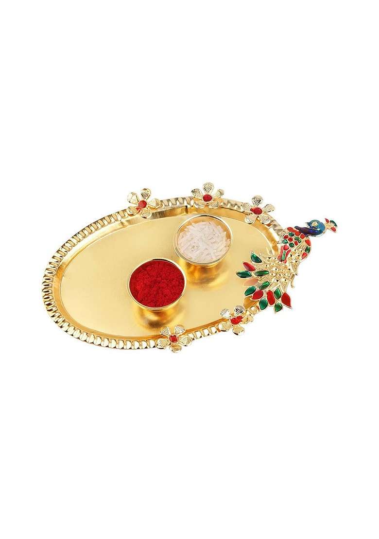 Set Of 2 Rakhi For Bhabhi Bhaiya Roli Chawal And Greeting Card Pooja Thali - Indya
