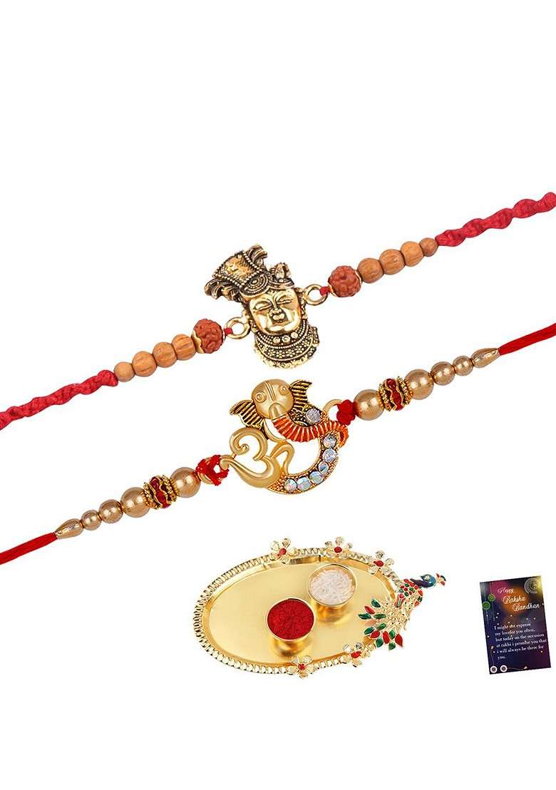 Set Of 2 Rakhi For Bhabhi Bhaiya Roli Chawal And Greeting Card Pooja Thali - Indya