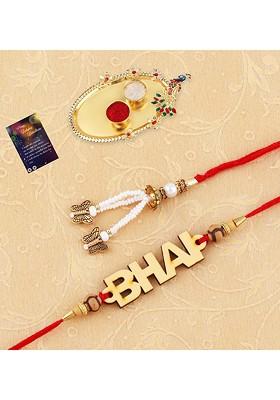 Set Of 2 Bhaiya Bhabhi Rakhi With Pooja Thali Roli Chawal Card