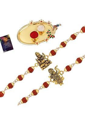 Set Of 2 Rakhi With Pooja Thali Roli Chawal And Greeting Card