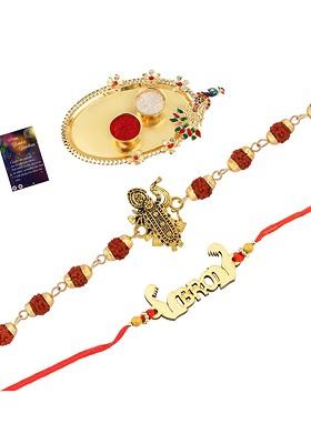 Set Of 2 Rakhi With Pooja Thali Roli Chawal And Greeting Card