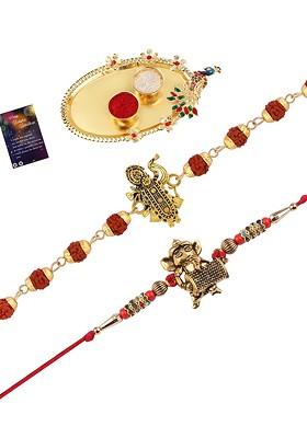 Set Of 2 Rakhi With Pooja Thali Roli Chawal And Greeting Card