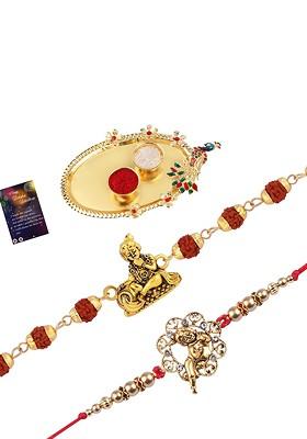 Set Of 2 Rakhi With Pooja Thali Roli Chawal And Greeting Card