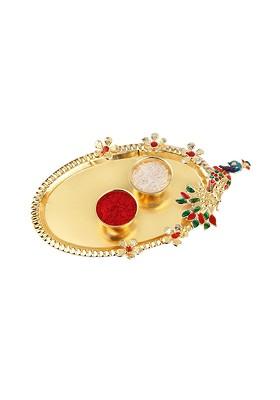 Set Of 2 Rakhi With Pooja Thali Roli Chawal And Greeting Card