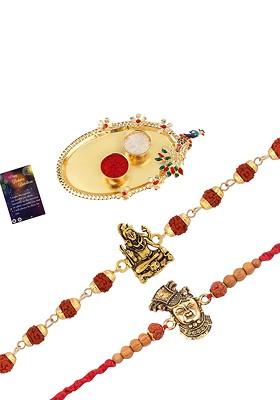 Set Of 2 Rakhi With Pooja Thali Roli Chawal And Greeting Card
