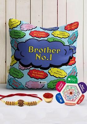 Brother No.1 Printed Cushion And Rakhi Gift Set